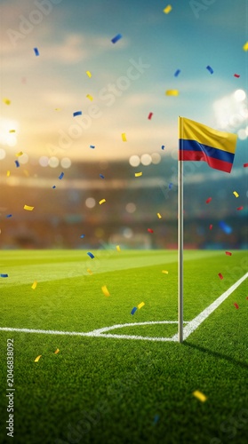 Colombia flag at football stadium corner with confetti