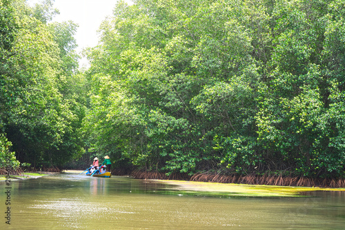 Canvas Print Tourists in a wooden boat exploring the lush green mangrove forest of Vam Sat