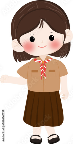 Cute Elementary School Girl Wearing Scout Uniform