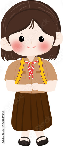 Cute Elementary School Girl Wearing Scout Uniform