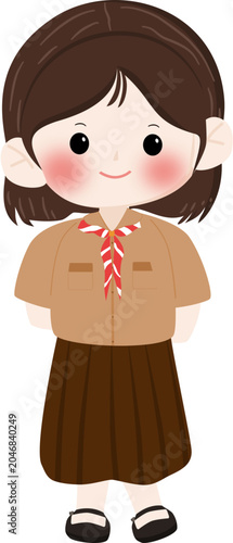 Cute Elementary School Girl Wearing Scout Uniform