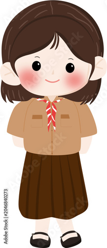 Cute Elementary School Girl Wearing Scout Uniform