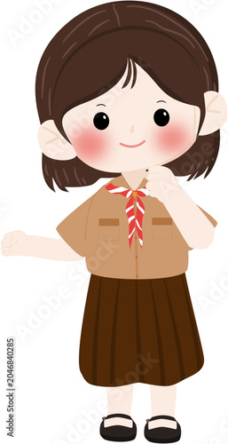 Cute Elementary School Girl Wearing Scout Uniform