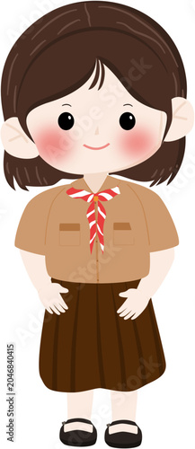 Cute Elementary School Girl Wearing Scout Uniform