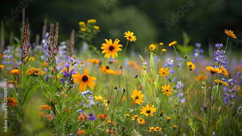 Sunny summer countryside wildflower meadow close-up, vibrant bright yellow black-eyed susan (rudbeckia) clusters mixed with delicate purple blue wildflowers, small orange blooms and green grass stems