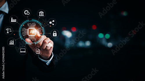 Businessman interacting with digital icons, technology interface, futuristic concept, innovation background