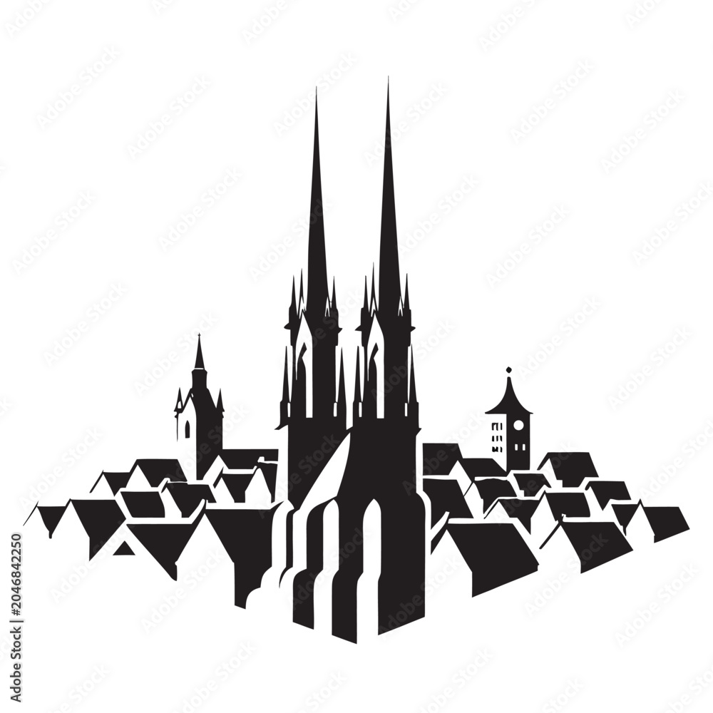 Fototapeta premium Elegant European city skyline silhouette with church spires, vector icon, vector