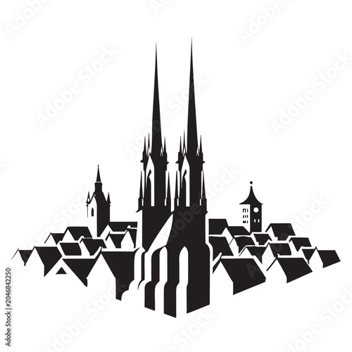 Elegant European city skyline silhouette with church spires, vector icon, vector