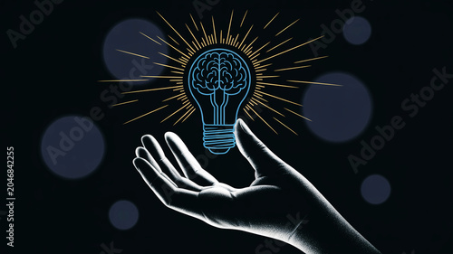 Creative idea, innovation concept, glowing lightbulb, brain inspiration