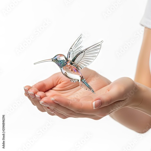 Hands Gently Holding a Crystal Hummingbird Figurine on White Background