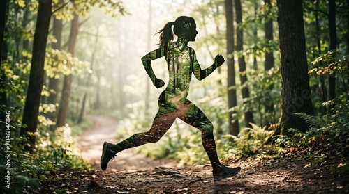 Woman Running in Forest with Double Exposure Effect Representing Nature Connection