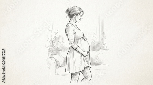 Pencil Sketch of a Serene Pregnant Woman Gently Holding Her Baby Bump