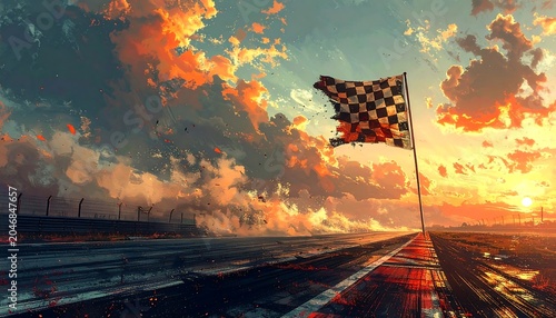 A vibrant sunset paints the sky as a checkered flag flutters over an empty race track, with a distant city skyline