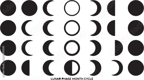 Fényképezés Set of black and white lunar phase icons showing the moon cycle.