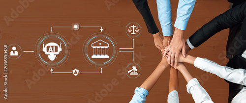 Obraz na plátně Collaborative Hands of Diverse Professionals with Technology Icons Representing AI, Law, Justice, and Teamwork on a Brown Wooden Table Surface Quark