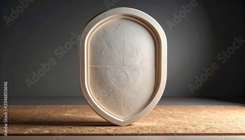 Modern oval mirror with LED lighting on a wooden surface