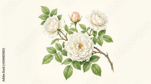Soft-toned garden rose illustration with detailed petals and foliage, creating a timeless and sophisticated look.