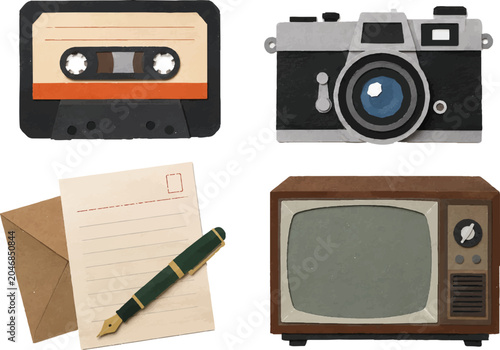 Vintage retro object vector set, cute paper craft classic camera television cassette tape and letter illustration isolated on white background