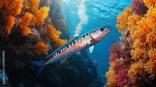 A colorful reef with a striking fish. Coral and light create an underwater ambiance