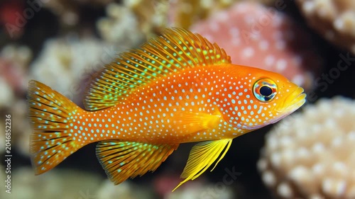Close-up of a vibrant, tropical fish with orange body, blue spots, and yellow fins in an aquarium