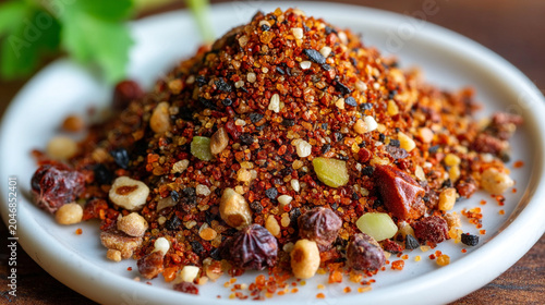 A small white ceramic bowl filled with aromatic spicy seasoning blend seasoning culinary