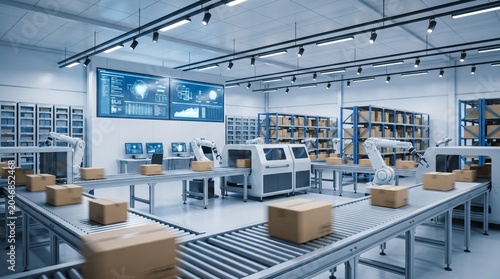 Foto Automated warehouse with robotic arms and conveyor belts processing packages, sh