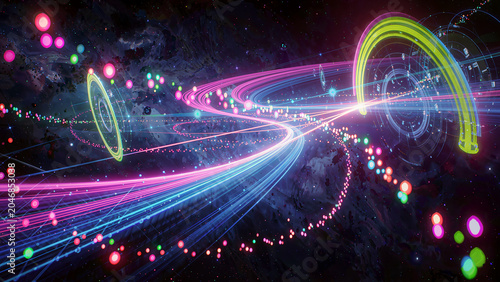 Abstract communication background, energy waves traveling through space, glowing particles, interconnected light paths, futuristic signal transmission concept,