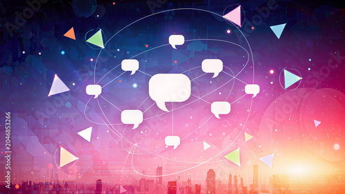 Abstract communication concept, floating speech bubbles and connection lines, glowing geometric shapes, digital interaction, colorful gradient background, modern social network visualization, 