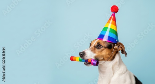 Dog wearing rainbow party hat holding noisemaker celebration