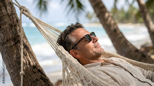 Happy middle aged man wearing sunglasses relaxing in a comfortable rope hammock on a beautiful tropical beach under palm trees on vacation