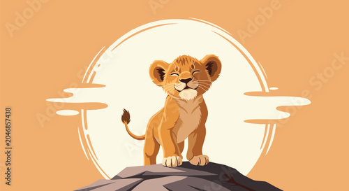 Beautiful illustration of a young lion cub standing proudly on a rock formation with a massive glowing sun and clouds in the background.