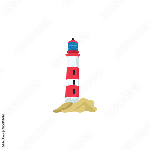 Red and white striped coastal lighthouse on sand rocks flat vector illustration