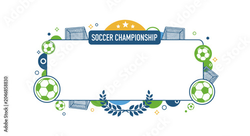 Quadro su tela Soccer Championship Frame with Balls and Goals, Copy Space