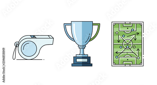 Bild auf Leinwand Soccer Game Elements: Whistle, Trophy, and Tactics Board