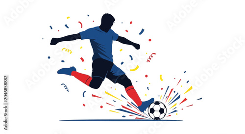 Foto Soccer Player Kicking Ball, Celebration, Colorful Confetti