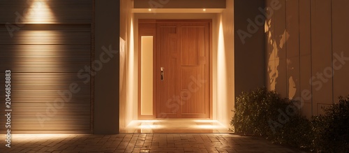 Modern wooden entrance door featuring warm accent lighting on a contemporary residential house at night