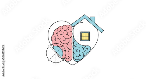 Pink brain diagram with blue section over scientific blueprint