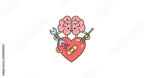 Pink brain holding a blue wrench on transparent background