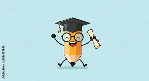 Happy cartoon pencil character wearing a graduation cap and glasses jumping for joy while holding a rolled diploma certificate.