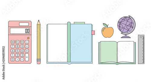 Pink calculator with yellow pencil and blank paper