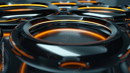 Abstract sci-fi D rendering of futuristic nested glossy black ring structures with warm orange-yellow glowing neon strips and cold white surface highlights, arranged in an array that recedes into a