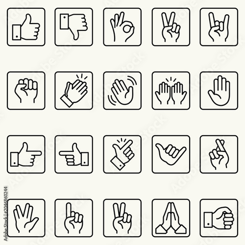 Hand gesture line icon set