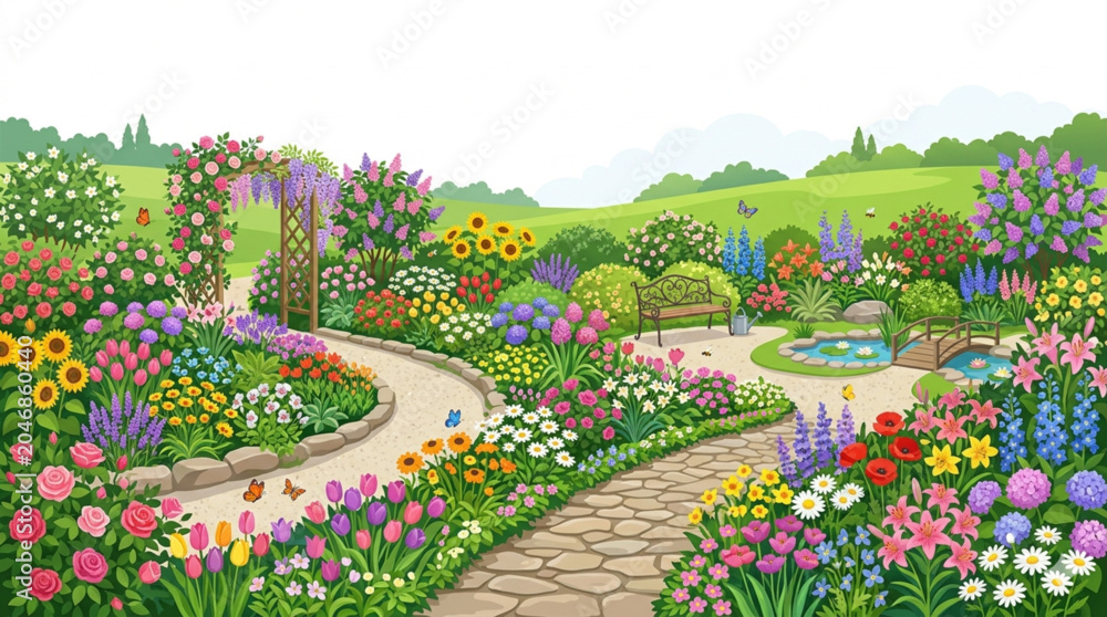 Photography Poster Beautiful Blooming Flower Garden Landscape with