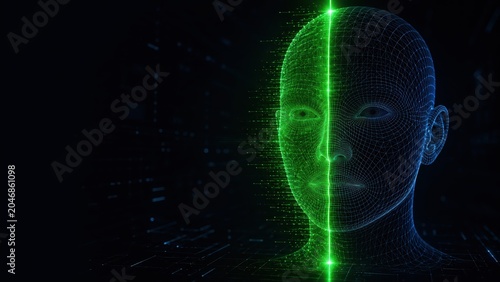Biometric Facial Recognition with Security Sweep Digital Head Wireframe