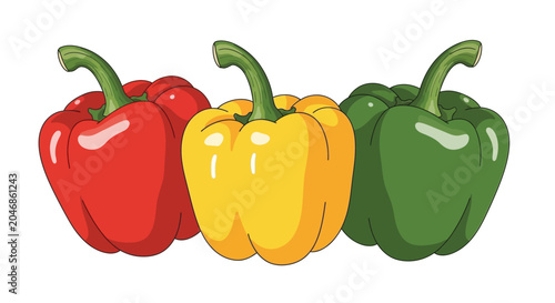 Red and yellow bell peppers with green stems on transparent background