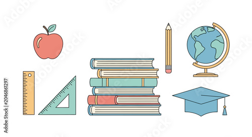 Red apple, ruler, and stacked books on transparent background