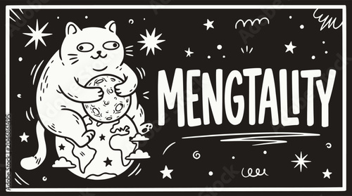 Tableau sur toile Cute cat hugging the moon on earth mengtality space concept for poster print