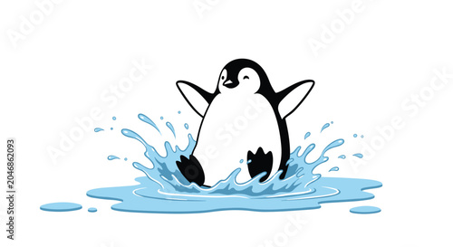 Adorable baby penguin winking and splashing happily in a pool of blue water with droplets flying in the air.