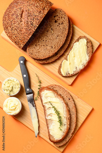 Wooden boards with bread sl...