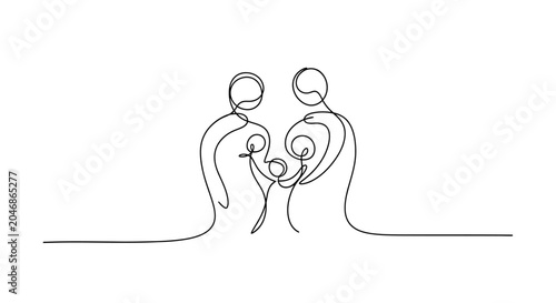 Photos Continuous line drawing of a family: parents holding a baby, minimalist art